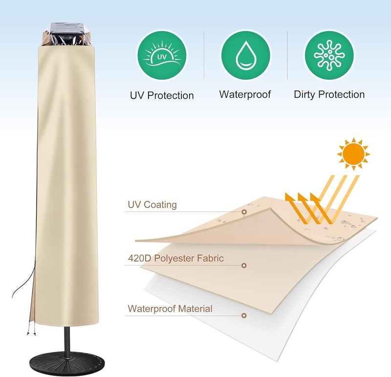 AckMizz Solar Patio Umbrella Cover - Solar Outdoor Umbrella Covers with Folding Rod, Transparent Top Oxford, Parasol Cover For 7.5ft 9ft 10ft 11ft LED Light Table Umbrella (Beige) - Image 4